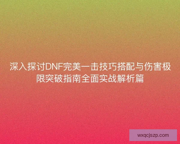 深入探讨DNF完美一击技巧搭配与伤害极限突破指南全面实战解析篇
